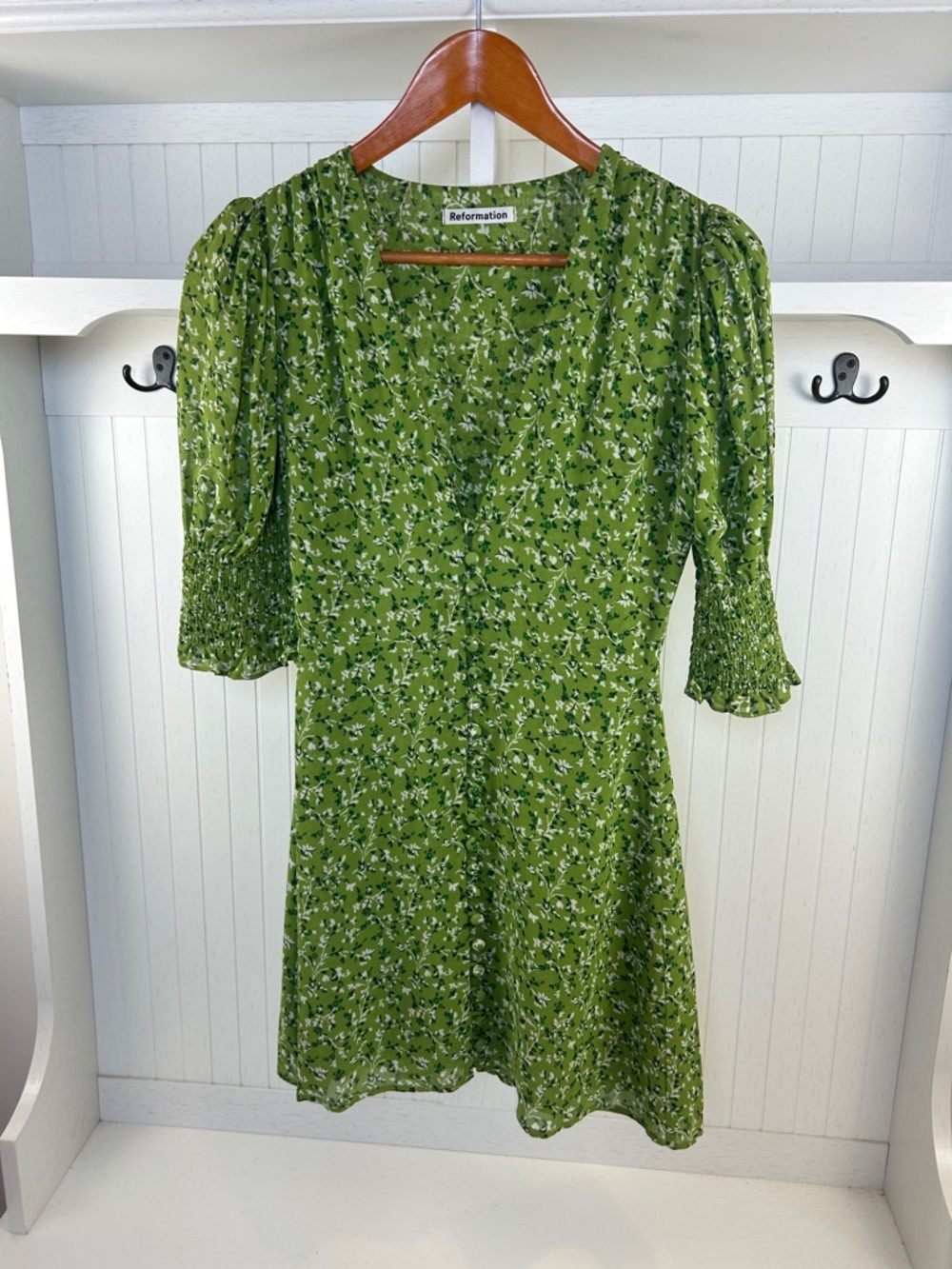 Reformation Alison Mini Dress 2 Green Floral Puff Sleeve Cottagecore Samantha